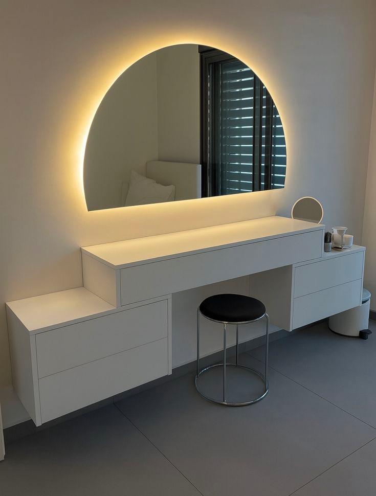 Floating dressing table with round LED mirror