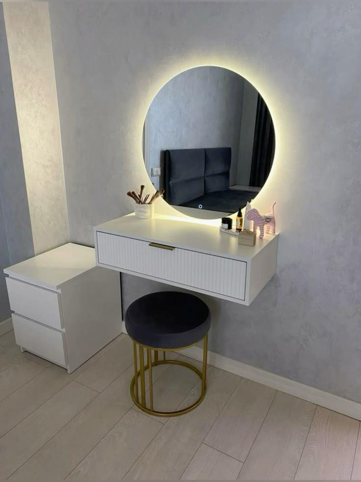 Dressing table with round LED backlit mirror